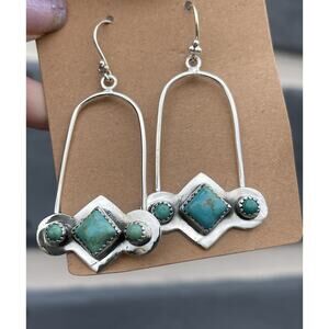 Turquoise Sterling Silver Wire Earrings Native Style SW Big 3 Stone Drop Hoop